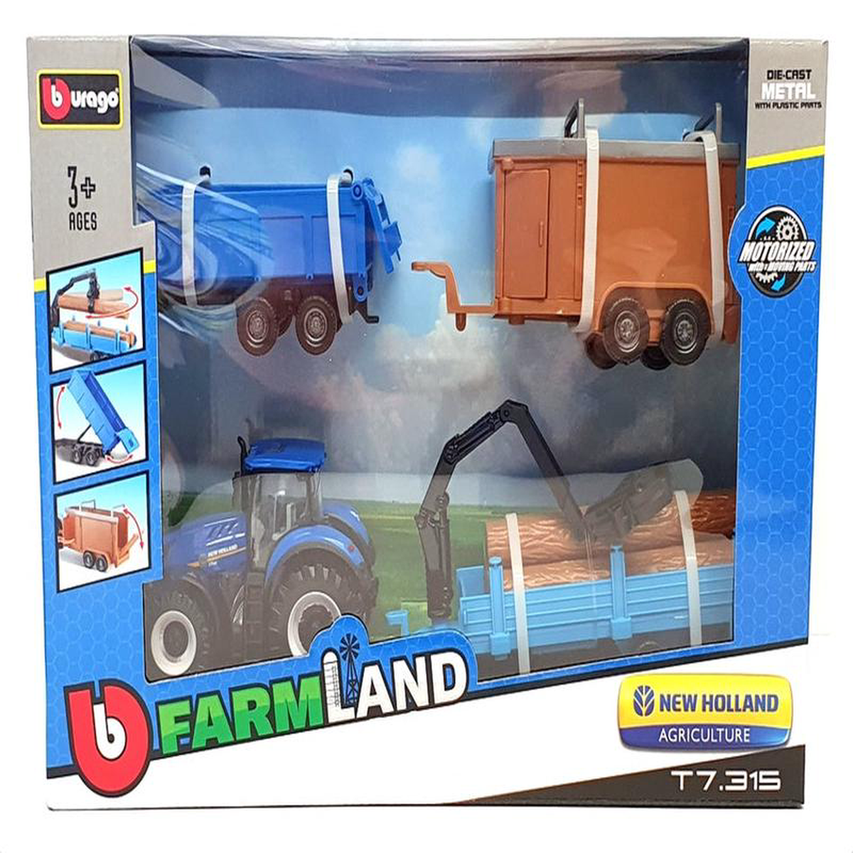 Burago 150 Scale 18-31668NH 8211 New Holland Tractor T7315 038 3 Trailers