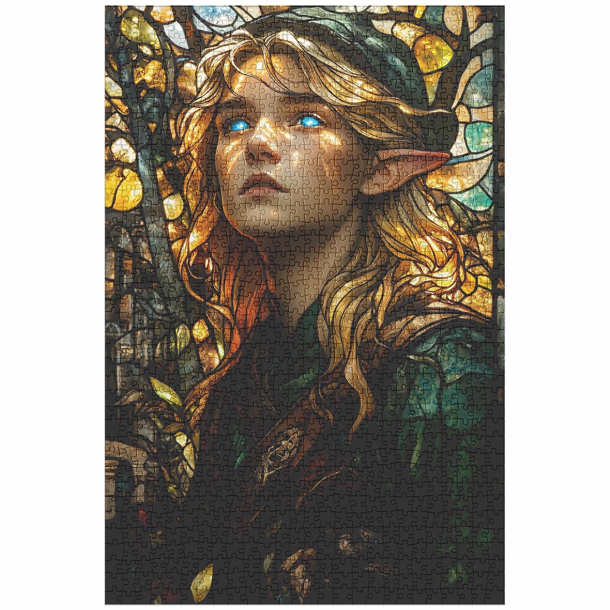 Young Elven Warrior with Green Tunic and Glowing Blue Eyes in Stained Glass Style 1000-Piece Jigsaw Puzzle